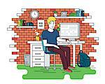 Flat line contour illustration of student or designer sitting at his workplace. Room contains red brick wall, bookshelfs, work desk with pc, computer bag and green carpet. Isolated background