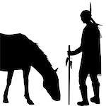 American Indian silhouette with horse on white background