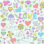 Vector illustration of colorful seamless pattern with hearts,flowers and other elements