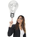 Businesswoman smiling with a big light bulb