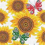 Spring seamless pattern with sunflowers and red and green butterflies, vector eps10