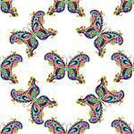 Seamless white pattern with colorful vintage butterflies, vector