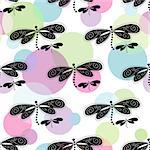 Seamless whitr spring pattern with colorful balls and black-white dragonflies,  vector eps 10
