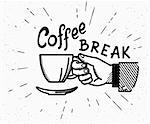 Retro coffee break crafted illustration with handwritten script and vintage stylized human hand holds a cup of hot coffee