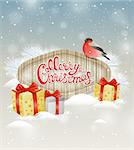 Christmas background with bullfinch and gifts in snow
