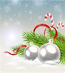 Christmas background with silver decorations and candy cane