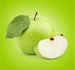 Ripe green apple with leaf and slice with clipping path