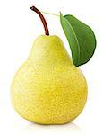 Ripe yellow pear fruit with leaf isolated on white with clipping path