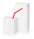 Milk or juice carton packages with red straw isolated on white background
