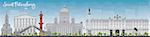 Saint Petersburg skyline with grey landmarks and blue sky. Business travel and tourism concept with historic buildings. Image for presentation, banner, placard and web site. Vector illustration