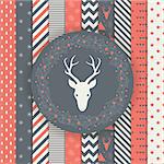 Set of Christmas and New Year's backgrounds. Black and gold modern holiday pattern. Elegant laurel wreath with deer head.