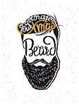 Decorate your xmas beard handmade lettering on the stylish hipster hand crafted illustration. Xmas greeting card template design. Handwritten inscription with swirls and ornaments