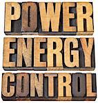 power, energy and control word abstract - isolated text in vintage letterpress wood type
