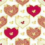 Valentine seamless white pattern with gold butterflies and purple lacy hearts (vector)