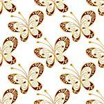 Seamless pattern with shiny gold and purple butterflies, vector