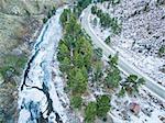 aerial view of Cache la Poudre River at DIamond Rock west of  Fort Collins in northern Colorado - winter scenery with a partially frozen river and colorado highway 14