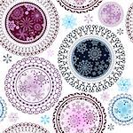 Seamless white christmas pattern with snowflakes and snow colorful balls, vector