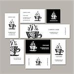 Business cards collection, coffee cup design. Vector illustration