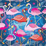 beautiful graphic pattern from different flamingo on a blue background