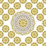 Seamless white vintage pattern with gold circles and mandala, vector
