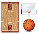 A basketball court, basketball, and backboard and hoop illustration. Vector EPS 10 available. EPS contains transparencies and gradient mesh.