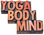 yoga, body, mind word abstract - isolated text in letterpress wood type printing blocks