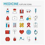 Healthcare and Medical Colorful Flat Line Icons Set. Vector Set of 25 Medicine and Health Modern Thin Outline Icons for Web and Mobile. Linear Icons Collection.