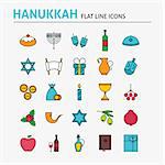 Jewish Hanukkah Colorful Flat Line Icons Set. Vector Collection of Winter Holiday Modern Thin Outline Icons for Web and Mobile. Israel Traditional Icons.