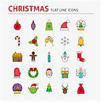 Merry Christmas Colorful Flat Line Icons Set. Vector Set of 25 Winter Holiday Seasonal Modern Thin Outline Icons for Web and Mobile. Linear Icons Collection.