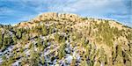 panoramic landscape of Horsetooth Rock, a landmark of Fort Collins, Colorado, winter scenery with some snow