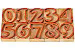 ten numbers from zero to nine in isolated vintage wood letterpress outlined printing blocks stained by red ink