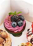 Delicious cupcake decorated with blueberry and blackberries in paper box