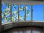 metal-plastic windows overlooking the garden with blossoming plum-tree