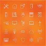 Smart Home Technology Line Icons Set. Vector Set of Modern House Electronics Thin Line Icons for Web and Mobile over Orange Blurred Background.