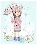 Cute little girl holding umbrella. Autumn background with rain, leafs and puddle. Illustration for kids or children.