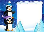 Snowy frame with penguins - eps10 vector illustration.