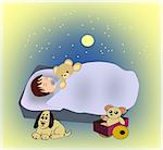 A little child sleeping with a teddy bear, and there are a moon and stars over the bed, and a dog by the bed.