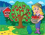 Farm girl with collected apples - eps10 vector illustration.
