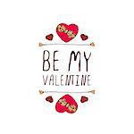 Saint Valentine's day greeting card.  Be my valentine. Typographic banner with text and doodle heart shaped chocolate candies. Vector handdrawn badge.