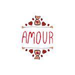 Saint Valentine's day greeting card.  Amour. Typographic banner with doodle heart shaped chocolate candies.  Vector handdrawn badge.