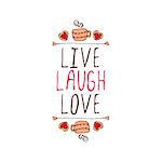 Saint Valentine's day greeting card.  Live laugh love. Typographic banner with text,  cup and cookies. Vector handdrawn badge.