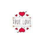 Saint Valentine's day greeting card.  True love. Typographic banner with text and hearts on white background. Vector handdrawn badge.