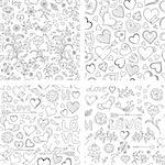 Vector illustration of set of  seamless patterns with hearts, flowers and other elements