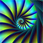 An abstract fractal image with a spiral design in blue, turquoise and yellow.