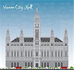 Vienna City Hall in gray color with blue sky. Vector illustration. Business travel and tourism concept with historic buildings. Image for presentation, banner, placard and web site.