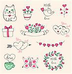 Hand drawn vector decorative Valentine elements for design