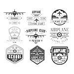 Monochrome Airplane Club Vector Illustration Emblem Set