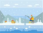 Winter Fishing. Cartoon Vector Illustration Flat style