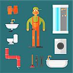 Plumber and Equipment tools and desktop in the form Vector Illustration Set