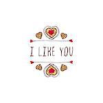 Saint Valentine's day greeting card.  I like you. Typographic banner with text and doodle heart shaped cookies. Vector handdrawn badge.